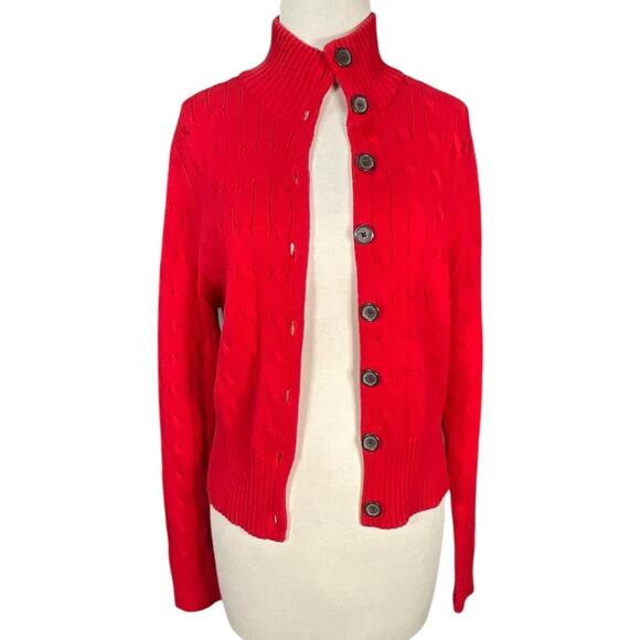 Tommy Hilfiger Red Cable Knit Button Cardigan Women’s Large 100% Cotton Preppy - Picture 3 of 13